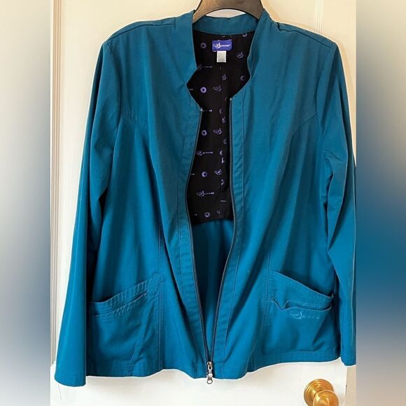 Sapphire Women’s Lab Jacket Large Aqua Underarm To Underarm 23” Length 26” EUC - Picture 4 of 13